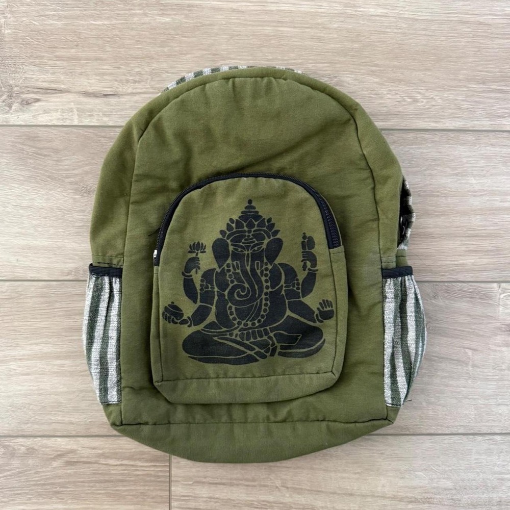 Ganesha olive green backpack featuring a black print of Ganesha